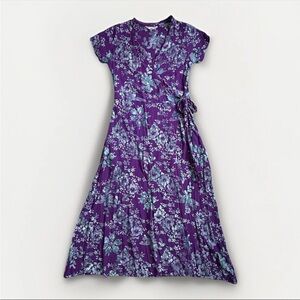 Vintage Full Wrap Maxi Dress Flared Flowy Tropical Floral Purple